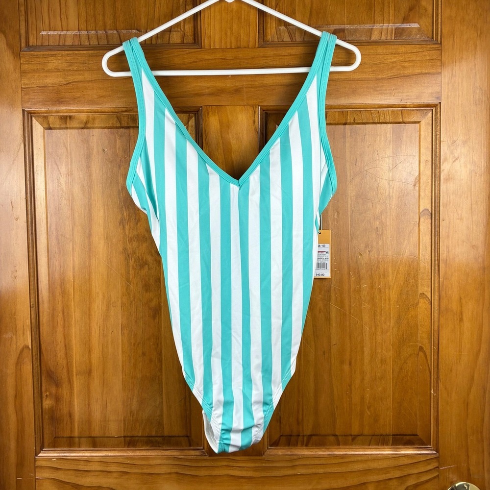 Turquoise White Striped One Piece Swimsuit Size M 8-10 NWT Nautical Coastal